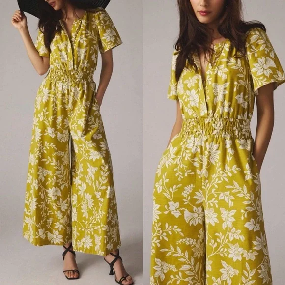 Anthropologie Women’s Somerset Wide Leg Jumpsuit in Chartreuse Pockets M Boho - Picture 1 of 15